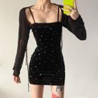 Spaghetti Strap Dotted Sheath Dress / Cape