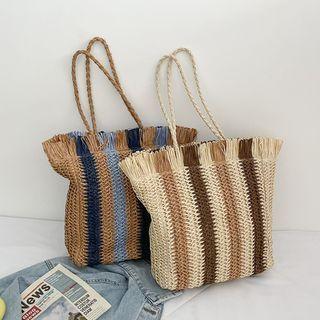 Fringed Color Block Striped Woven Tote Bag