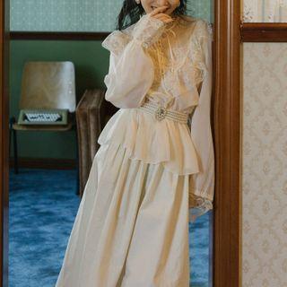 Set: Long-sleeve Lace Ruffle Blouse + Midi A-line Skirt + Camisole Top