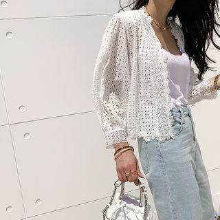 Bishop-sleeve Eyelet-lace Cardigan Ivory - One Size