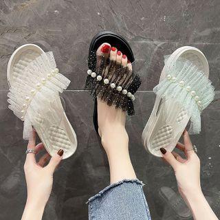 Faux Pearl Frill Trim Pvc Strap Sandals