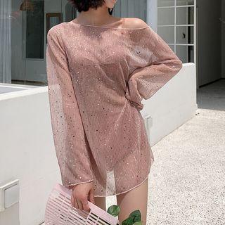 Set: Frill-trim Bikini Top + Bottom + Cover-up Top