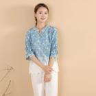 Elbow-sleeve Embroidered Indigo Dyed Blouse