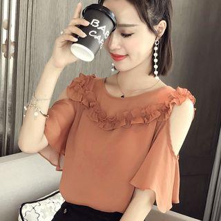 Ruffle Trim Cold Shoulder Elbow-sleeve Top