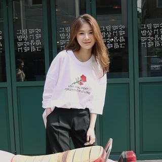3/4-sleeve Rose Print T-shirt
