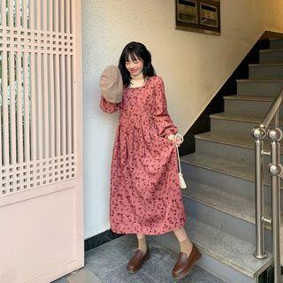 Turtleneck Plain Top / Long-sleeve Floral Printed Dress