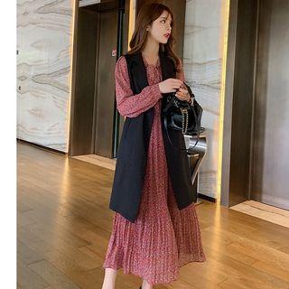 Long Vest / Floral Long-sleeve Midi A-line Dress