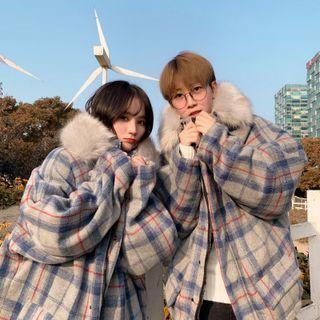 Fluffy Trim Plaid Button Jacket