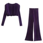 Long-sleeve Ruched Cropped T-shirt / Bootcut Pants / Set