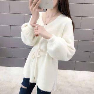 Tie-waist Lantern-sleeve Sweater