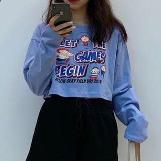 Cartoon Print Long-sleeve Cropped T-shirt / Logo Shorts