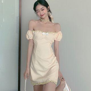 Off-shoulder Lace Trim Mini Sheath Dress As Shown In Figure - One Size