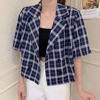 Plaid Short-sleeve Double-breasted Cropped Blazer