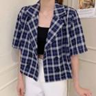 Plaid Short-sleeve Double-breasted Cropped Blazer