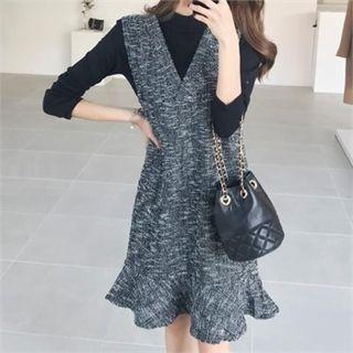Set: Mock-neck Top + Ruffled Tweed Dress Black - One Size