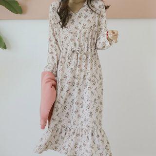 Tie-waist Frill-hem Long Floral Dress
