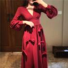 Bow-accent V-neck Long-sleeve Slim-fit Dress Red - One Size