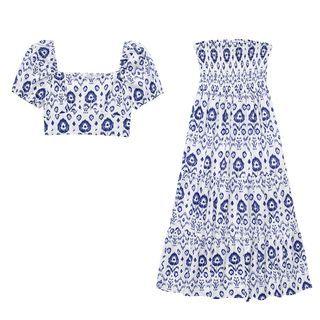 Short-sleeve Floral Cropped Blouse / A-line Maxi Skirt / Set