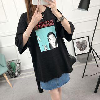 Print Dip Back Elbow-sleeve T-shirt
