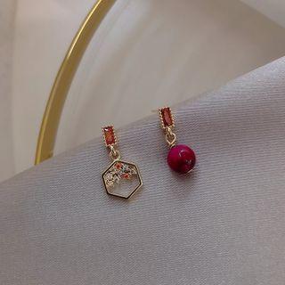 Hexagon Rhinestone Bead Asymmetrical Dangle Earring 1 Pair - Asymmetric - Gold & Rose Pink & Orange - One Size