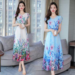 Cap-sleeve Floral Print A-line Midi Dress