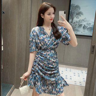 V-neck Floral Shirred Mini A-line Dress