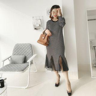 Mesh Hem Striped Midi Knit Dress