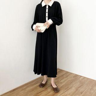Long-sleeve Collared Paneled Midi A-line Dress Black - One Size