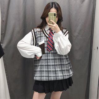 Plaid Knit Vest / Long-sleeve Shirt / Striped Tie / Mini Pleated Skirt / Set