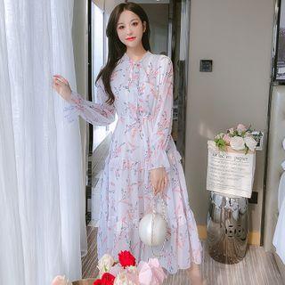 Long-sleeve Tiered Tie-neck Floral Chiffon A-line Midi Dress