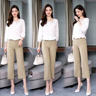 Set: 3/4-sleeve Lace Panel Blouse + Crop Dress Pants