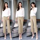 Set: 3/4-sleeve Lace Panel Blouse + Crop Dress Pants