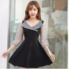 Dotted Mesh Panel 3/4-sleeve Mini A-line Dress