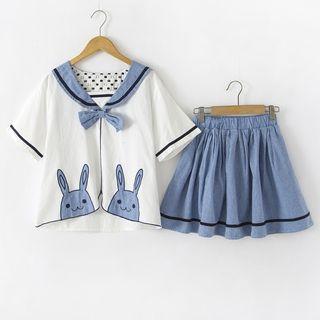 Set: Rabbit Applique Short-sleeve Blouse + A-line Skirt
