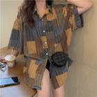 Elbow-sleeve Patchwork Striped Shirt