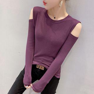 Cold-shoulder Long-sleeve Plain Knit Top