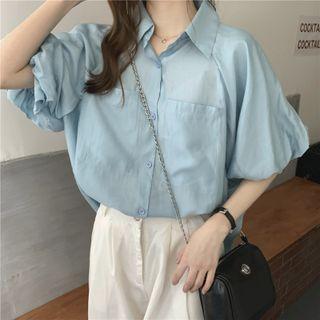 Plain Pocket-detail Puff-sleeve Shirt