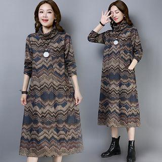 Long-sleeve Mock Neck Patterned Midi Dress