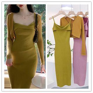 Set: Spaghetti-strap Cowl Neck Plain Knit Dress + Long Sleeve Lace-up Crop Cardigan