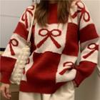 Bow Color Panel Sweater Red - One Size