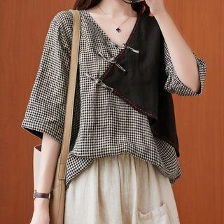 Elbow-sleeve Frog Buttoned Plaid Shirt