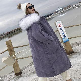 Long Furry-trim Hooded Corduroy Padded Coat