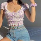 Short Sleeve Square Neck Floral Print Ruched Cropped Top