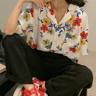 Elbow-sleeve Floral Print Shirt Tangerine & Yellow Flowers - White - One Size