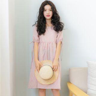 Elbow-sleeve Tie-cuff Gingham Dress