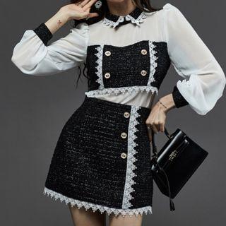 Set: Long-sleeve Tweed Panel Lace Trim Top + Mini Pencil Skirt