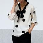 Tie-neck Dotted 3/4-sleeve Blouse