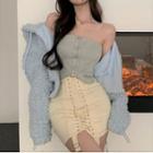 Fluffy Cropped Zip-up Hoodie / Tube Top / Mini Pencil Skirt