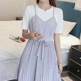 Mock Two Piece Color Panel Short Sleeve A-line Dress