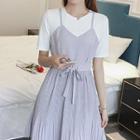 Mock Two Piece Color Panel Short Sleeve A-line Dress